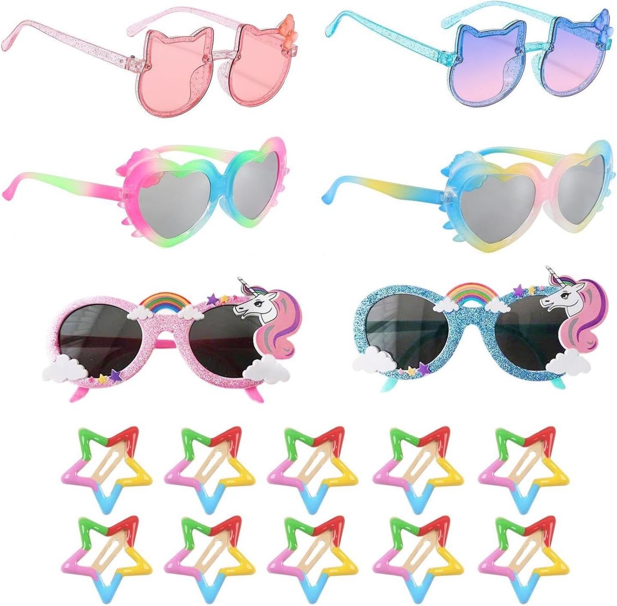 Schattige kinderglazen met 10 sterhaarspelden, kleurrijke cartoon-accessoires voor kinderen, perfect voor feestjes en dagelijks gebruik, Eén Maat