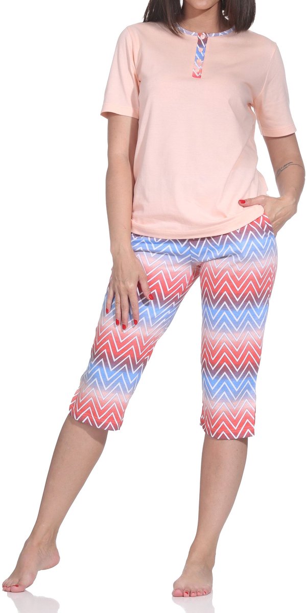 Normann dames capri-pyjama met korte mouwen – modern zigzagdesign – ook in grote maten apricot