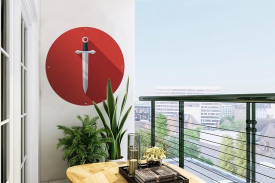 Cercle de jardin Illustration épée sur surface rouge - 60x60 cm - Poster de jardin rond - Extérieur