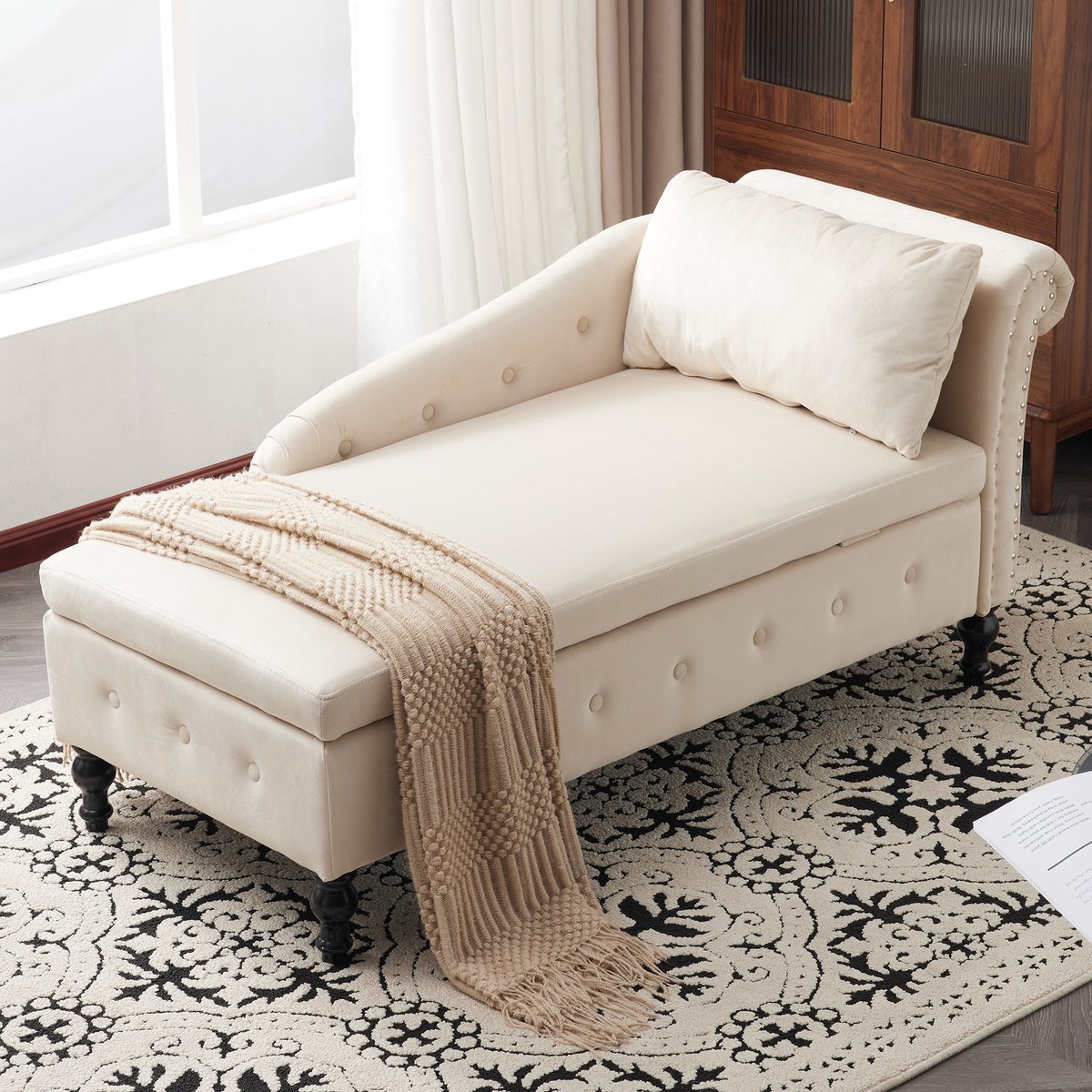 REDOM - Chaise Longue - Met Opbergruimte - Gestoffeerd - Klassiek - Voor Woonkamer - Fluweel - Beige - 144 x 62 x 69 cm