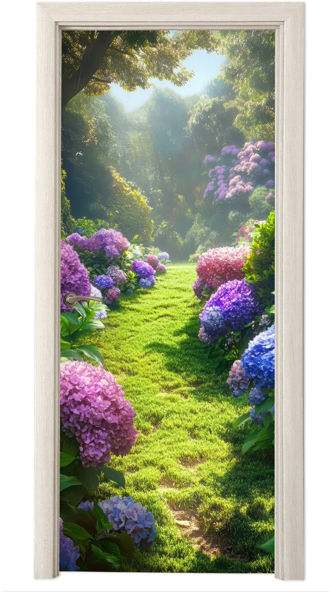 Deurposter 75x205 cm - Deursticker Natuur - Hortensia - Bloemen - Groen - Meubelfolie zelf