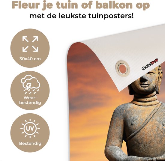 Gros plan d'une affiche Bouddha en pierre avec coucher de soleil orange, avec texte sur les tailles et la résistance aux intempéries.