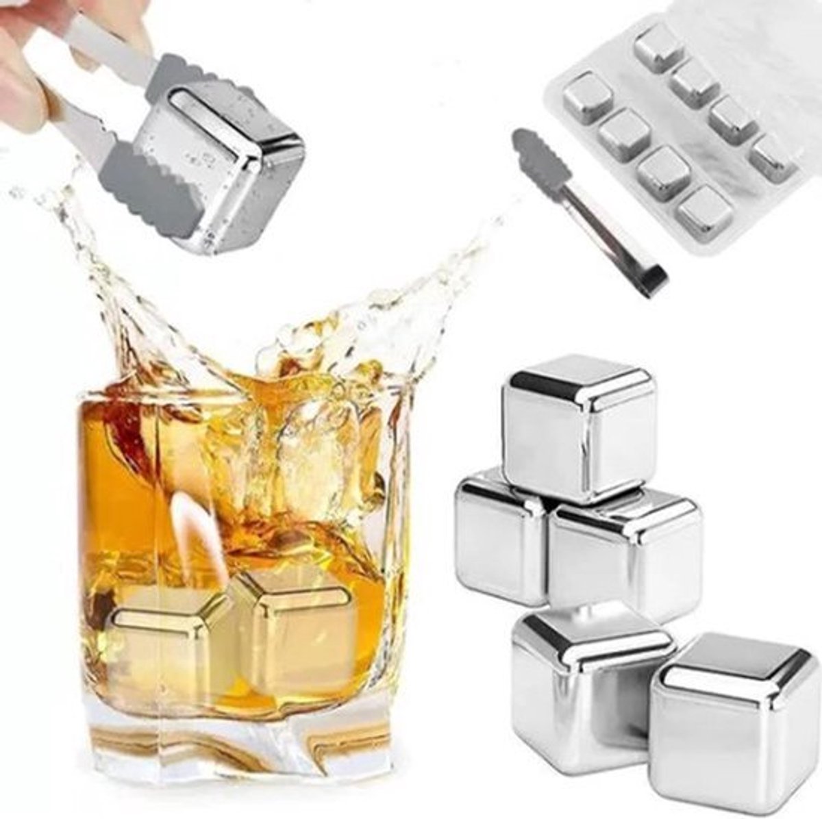 Roestvrijstalen Herbruikbare Ijsblokjes Voor Drankjes Met Ijstang En Vriezer Opbergvak Voor Whisky (8 Stuks)