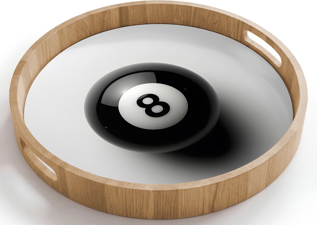 Dienblad rond 40x40 cm - Schootdienblad hout - Biljartbal - Getal - Acht - Wit - Borrelplank rechthoek - Plateau houten dienbladen