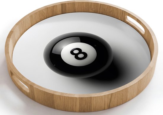 Dienblad rond 40x40 cm - Schootdienblad hout - Biljartbal - Getal - Acht - Wit - Borrelplank rechthoek - Plateau houten dienbladen