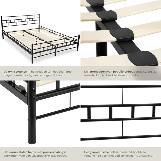 Metalen Bedframe 180x200 cm met Lattenbodem – Robuust Stalen Tweepersoonsbed met Populierenhouten Latten – Modern Design Zwart, Krasbestendig, Eenvoudige Montage