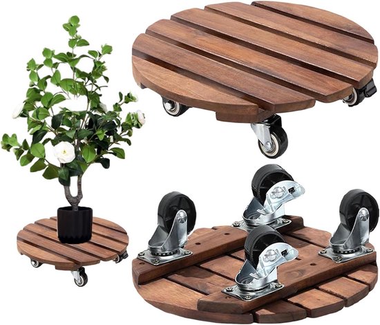 Set van 2 Plantrollers met 360° Bevestigingsstangen, Stevige Houten Onderzetters voor Bloempotten, Ideaal voor Binnen en Buiten, Perfect voor Planten en Bloemen