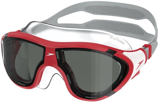 Lunettes de natation Speedo Biofuse 2.0 junior, rouges avec des accents blancs et des verres foncés.
