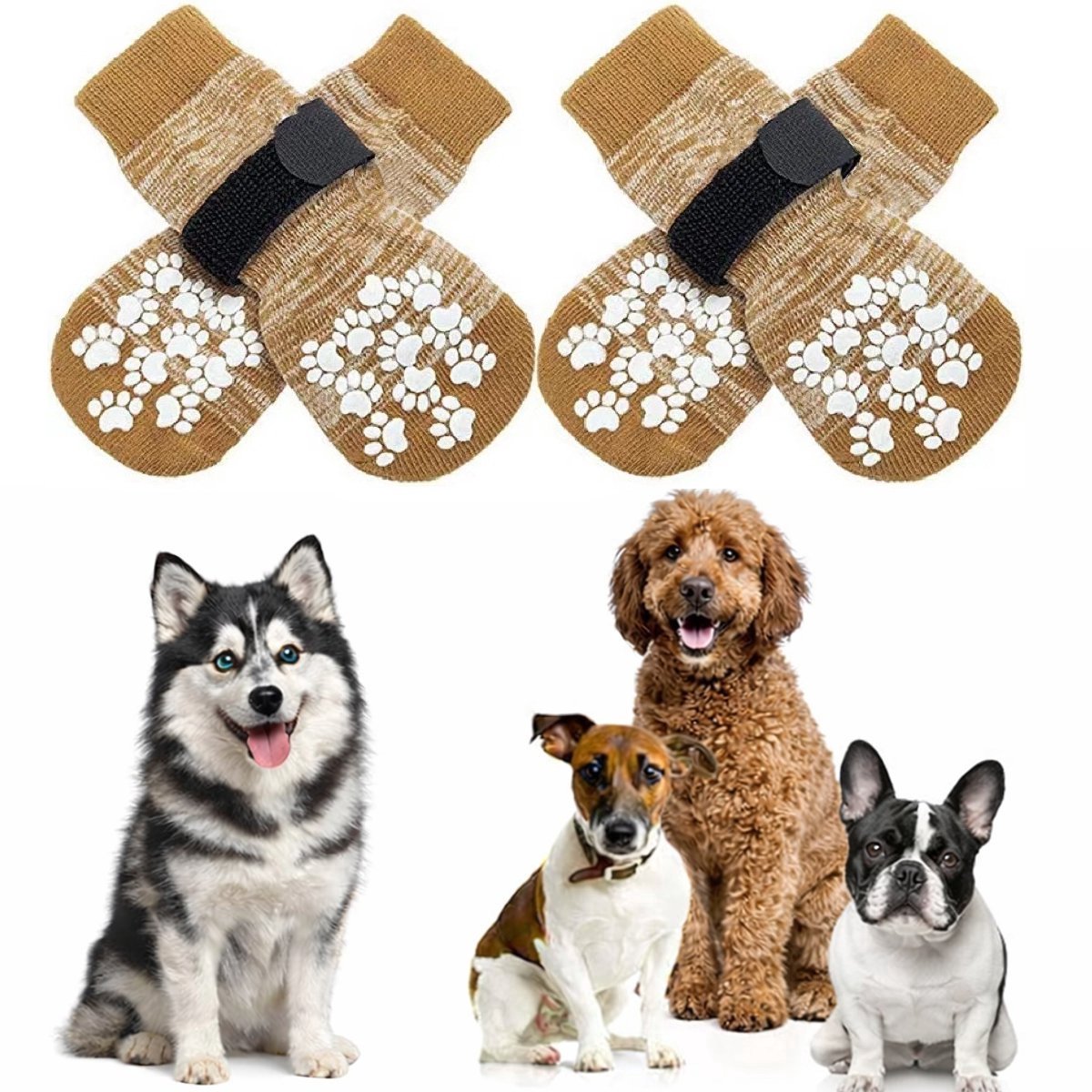 Aventrix Hondensokken Antislip – Maat M – Honden Sokken tegen Uitglijden en Likkende Poten – Klittenband – Pootbescherming Binnen & Buiten – Set van 4 - Licht Bruin