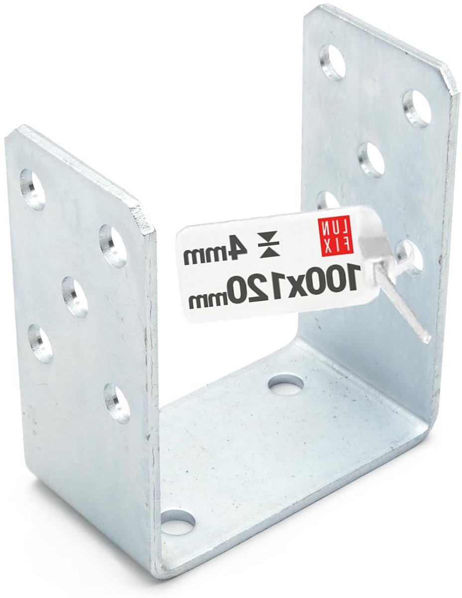 Schroefbare U-paaldrager 100 mm breed, 120 mm, hoogte 60 mm, diepte 4 mm, verzinkt staal, verschillende breedtes 70-120 mm, voor terrassen, carports en alle projecten in