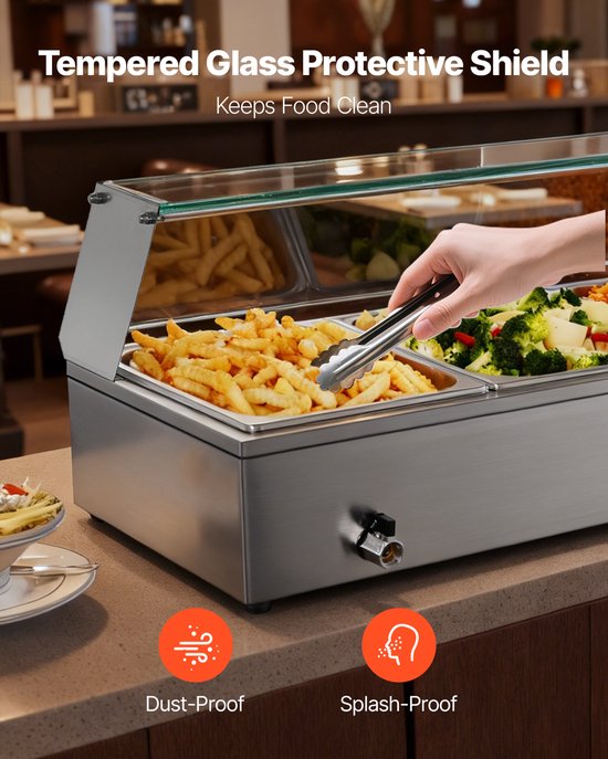 VEVOR Commerciële Voedselwarmer met Glazen Deksel en 3 Containers (1/2 Formaat) 1500W Buffet Warmer Roestvrij Staal, Buffet Containers Buffet Waterbad Voedselwarmer voor Restaurants Feesten Buffetten — afbeelding 4