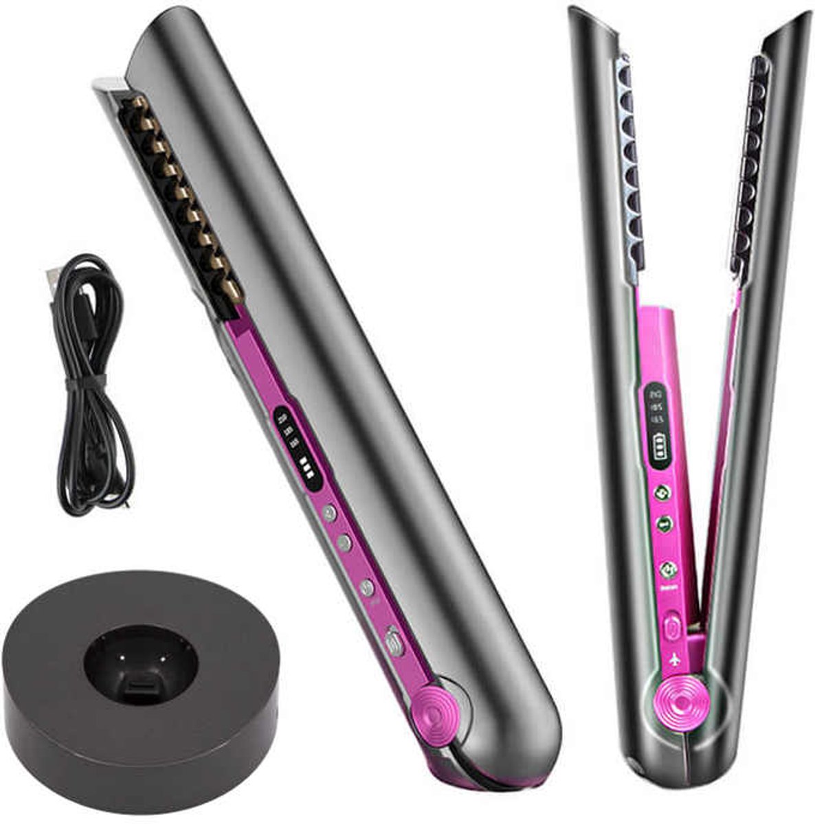 Draadloze Reis Stijltang – Mini 2‑in‑1 Stijl & Krul – USB‑C Oplaadbaar – Dubbele Spanning – Grijs – Voor Dun, Fijn & Steil Haar