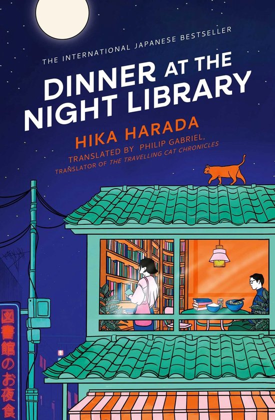 Couverture du livre 'Dinner at the Night Library' illustrant une bibliothèque/restaurant avec deux personnes et un chat.