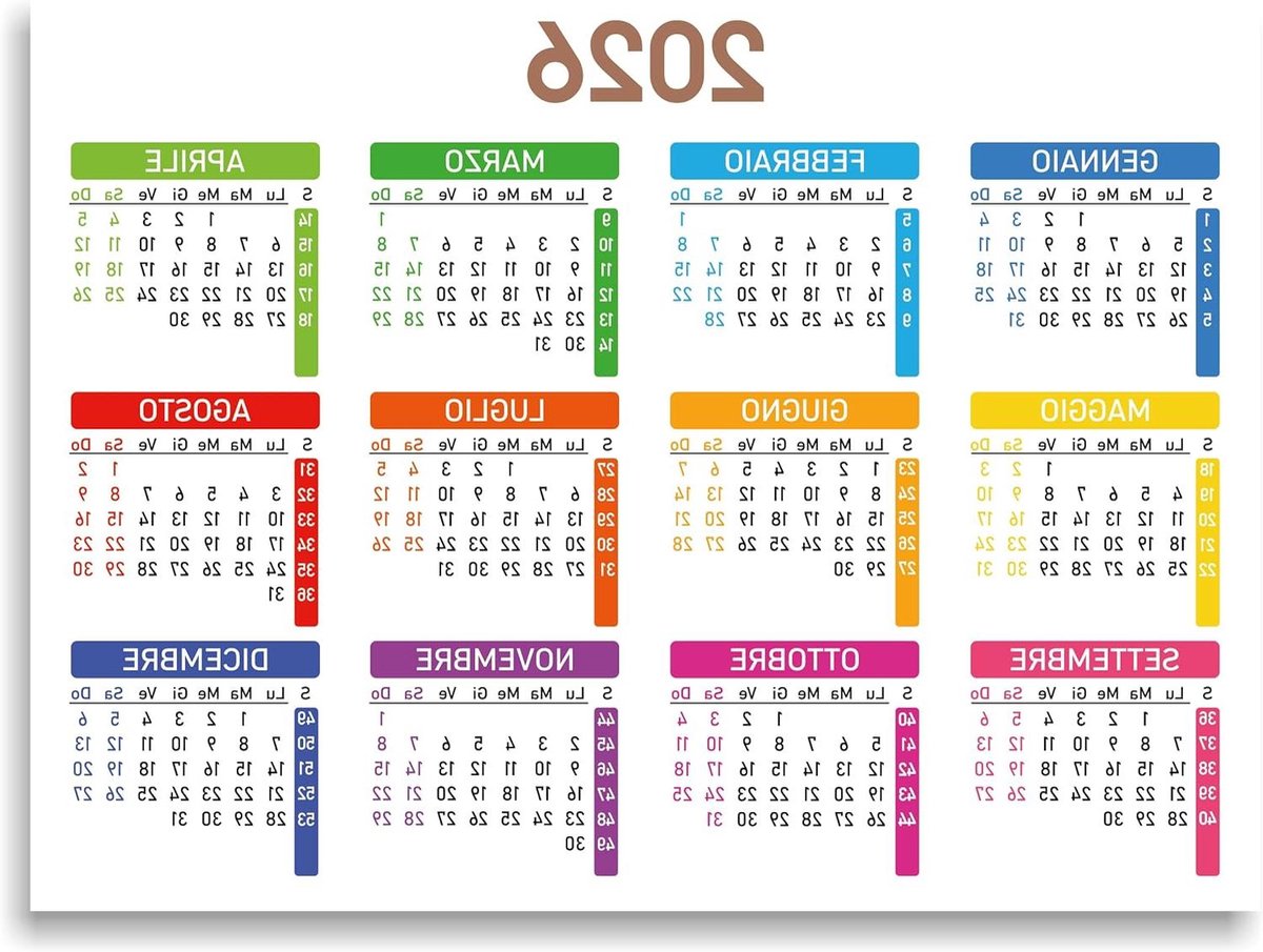 Kalender 2026, koelkast met magneet, afmetingen 20 x 15 cm, kleurrijke jaarplanner met genummerde weken, organizer voor taken, vakantie en evenementen, (2026, Italiaans)