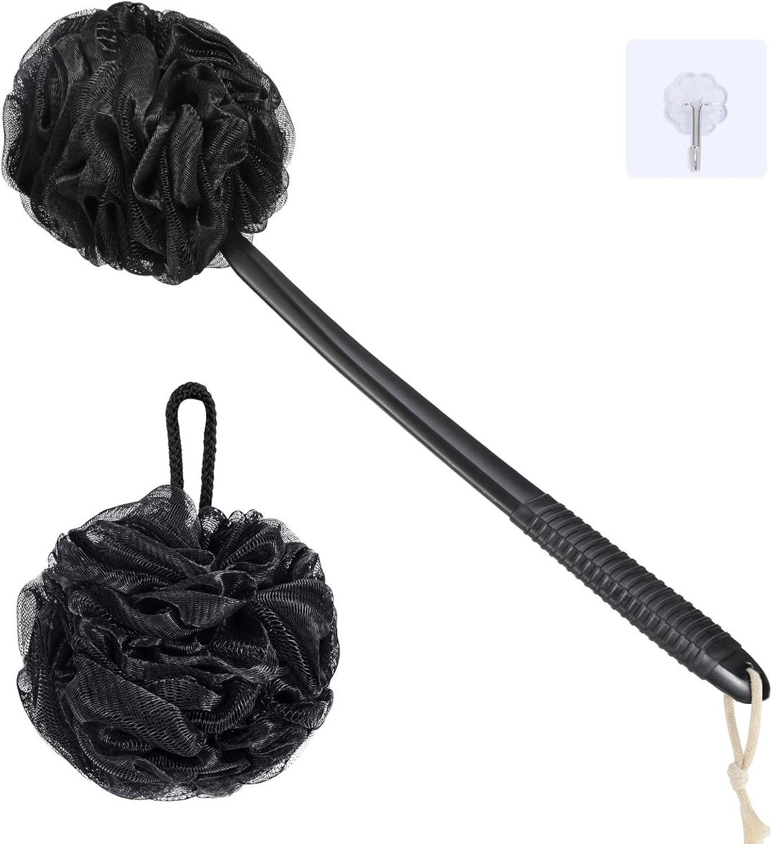 Douche Spons - Bad Borstel - Lichaam Reinigen - Extra Lange Steel - 43cm - Zwart