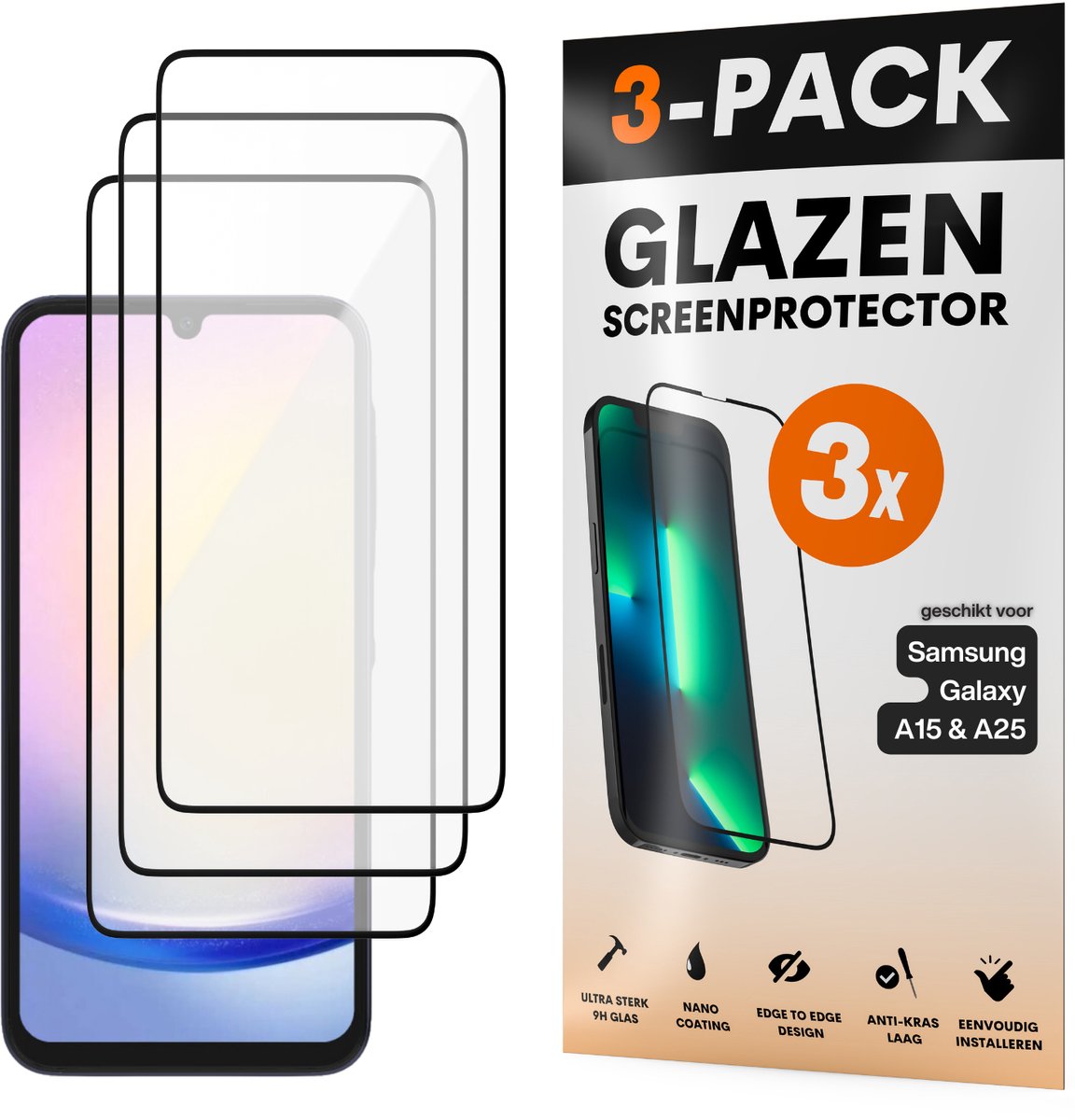 Screenprotector - Geschikt voor Samsung Galaxy A15 / A25 - Gehard Glas - Full Cover Tempered Glass - Case Friendly - 3 Pack