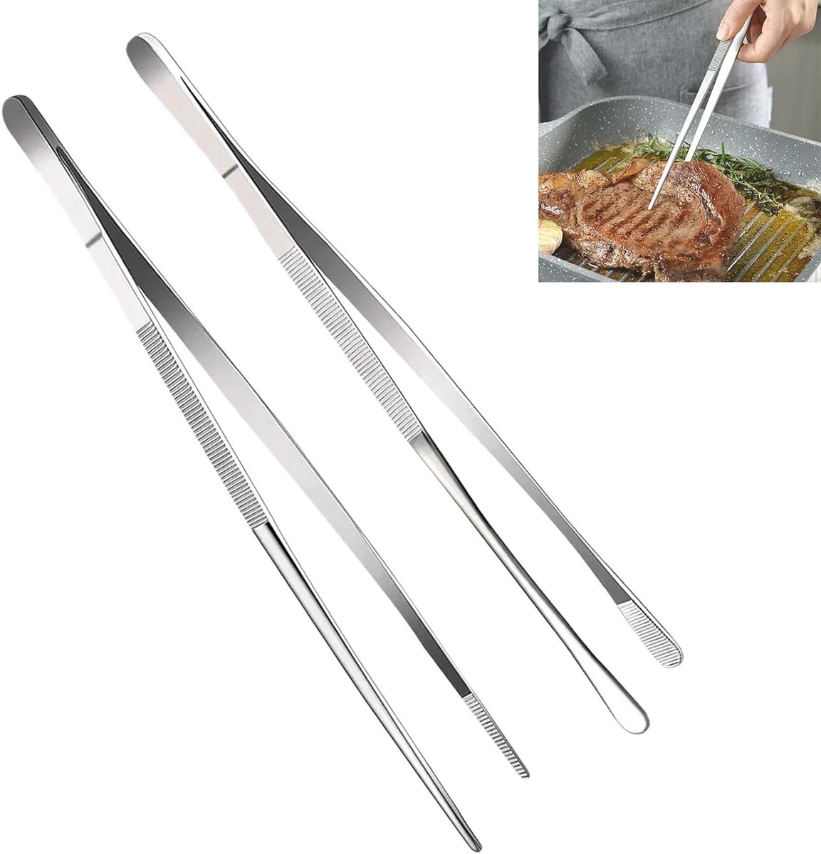 Set van 2 roestvrijstalen keukentangen - 30 cm - Professionele tangen voor vlees, vis en barbecue - Puntig en rond - Ideaal voor koken en grillen