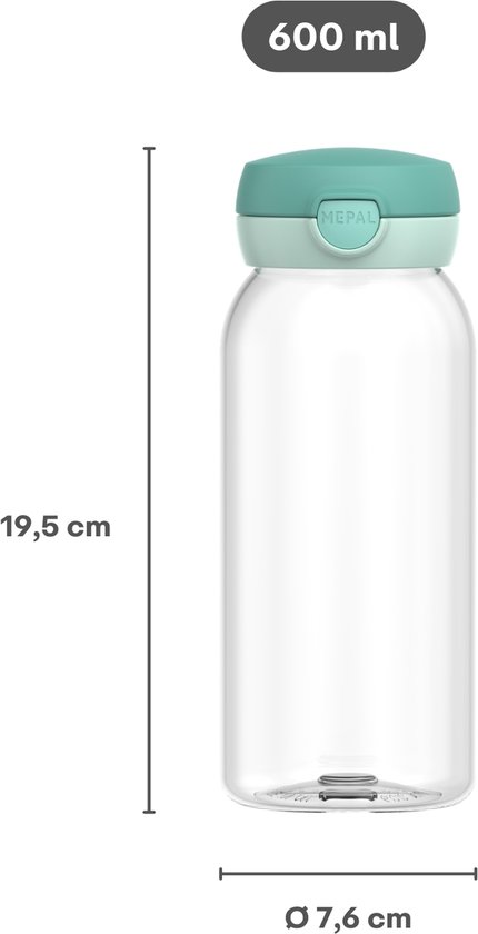 Transparante Mepal drinkfles van 600 ml, 19,5 cm hoog met een groene dop.