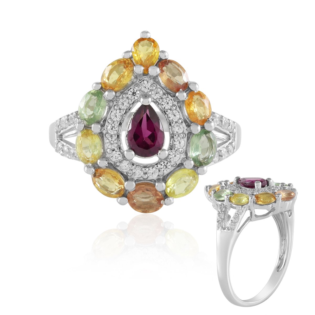 Cavill - Zilveren ring met rhodoliet & saffier 2,82 ct - 925 Sterling Zilver platina - Peervormig & ovale geslepen - Elegante damesring