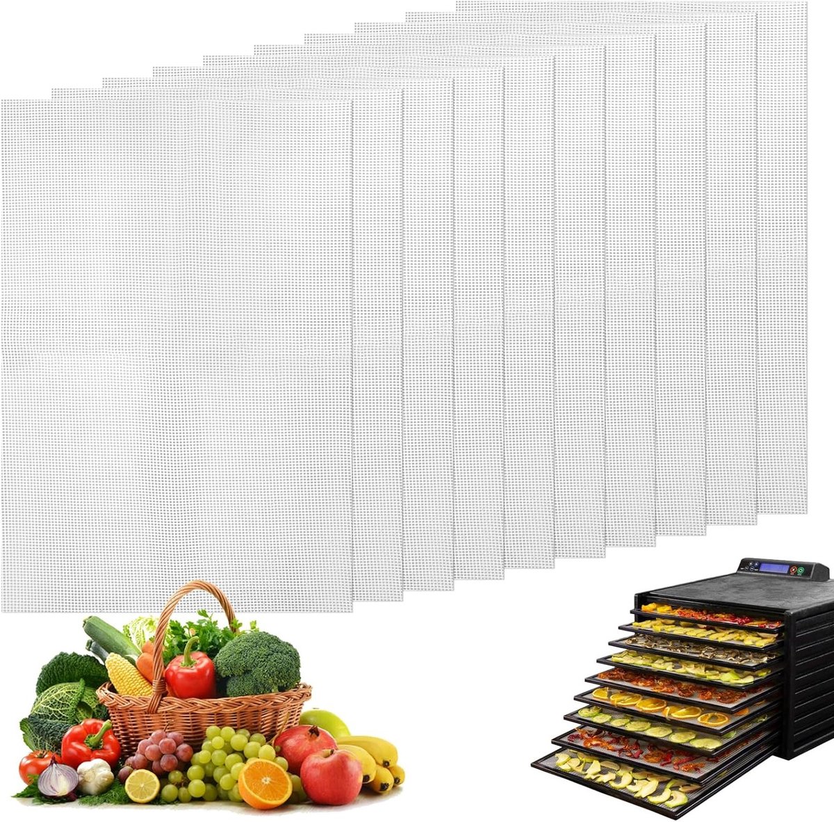 Herbruikbare Antiaanbakmatten voor Voedsel en Fruit, 10 Stuks, 39x28 cm, BPA-vrij, Warmtebestendige Dehydrator Vellen voor Vlees en Groenten