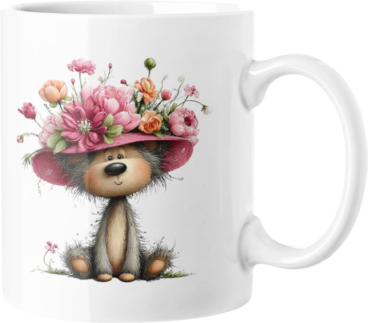 Schattige Bloem Teddybeer Mok, Leuke Beer met Bloemenhoed Koffiemok, Moederdag cadeau Mok, Dierenliefhebber Thee Mok, Lente Bloemen Cadeau