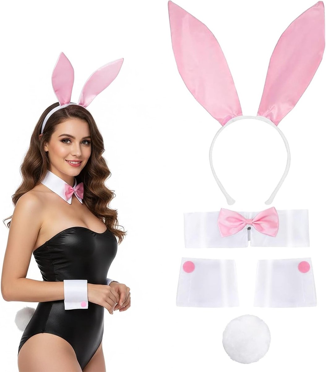 Volledige Hare Kostuum Set voor Volwassenen met Pluche Oren, Strik en Manchetjes, Perfect voor Carnaval en Pasen
