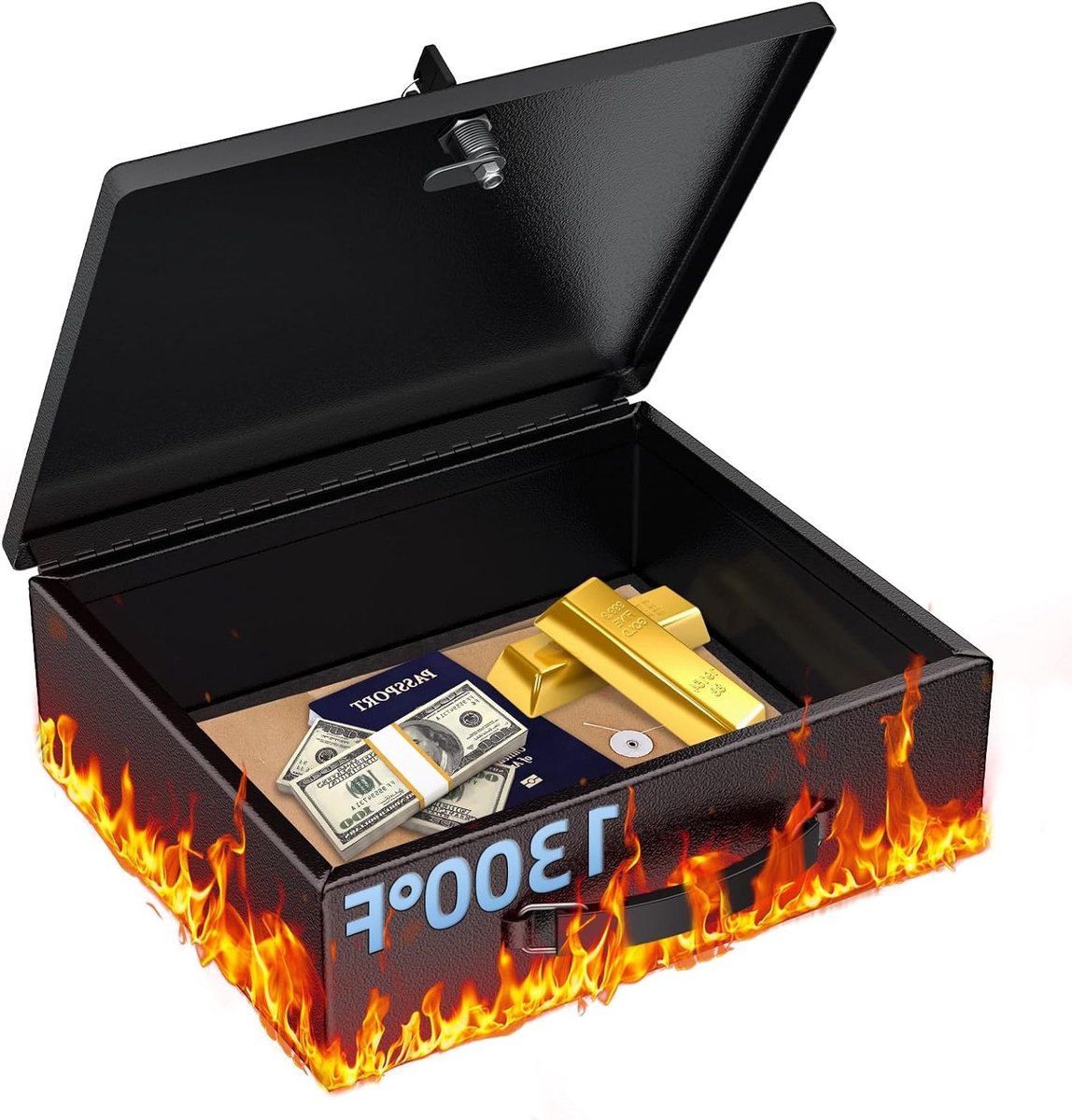 Documentenbox Vuurvast - Veilige Kluis - Waardevolle Spullen Bewaren - Met Sleutelslot - 33 x 27 x 10 cm - Goud