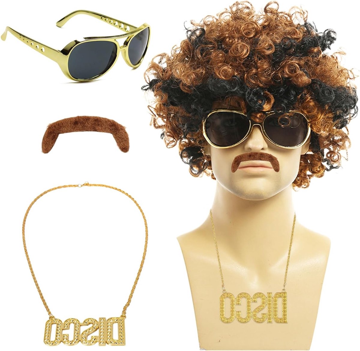 Set van 4 Afroperruques voor Mannen met Zonnebril, Ketting en Snor voor 80s Kostuum, Disco Thema Feest en Halloween Cosplay Accessoires