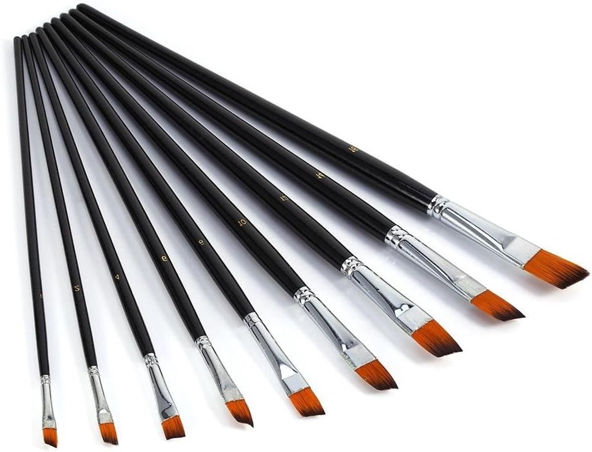 Set van 9 Fijne Detailpenselen, Nylon Platte Kwasten voor Schilderen, Professionele Kunstbenodigdheden en Diverse Maatopties