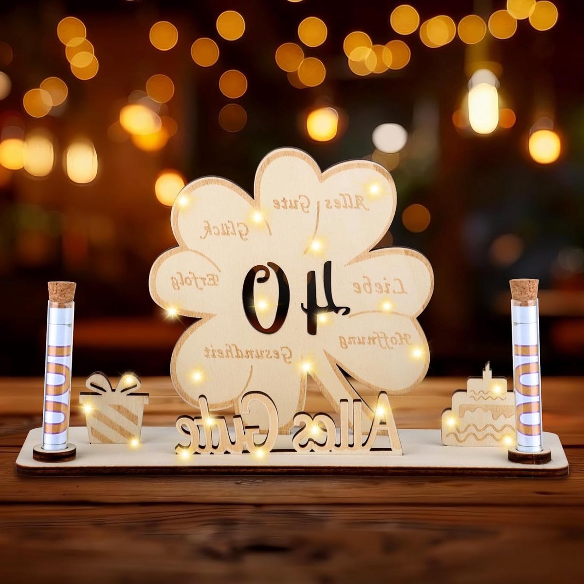 40 Geld Cadeaus voor Verjaardag, Verjaardagsdecoratie met LED Klavertje, Houten Verjaardagscadeau voor Vrouwen en Mannen, Feestelijke Geschenken voor Jubilea