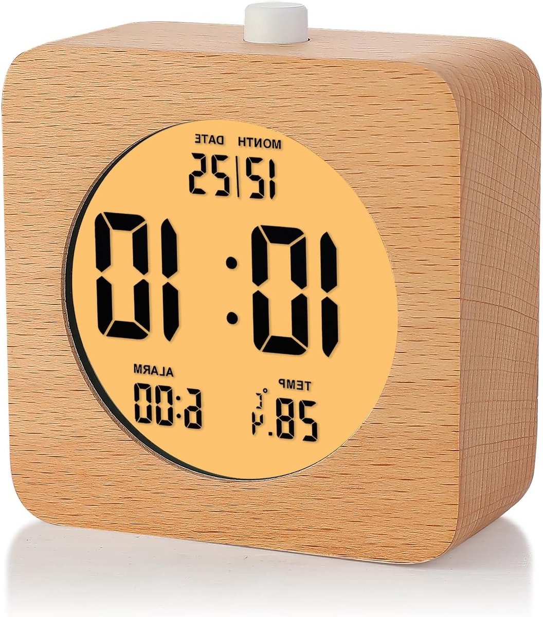 Houten Digitale Alarmklok met Slaapfunctie en Nachtlampje, LCD Tafelklok met Tijd, Datum en Temperatuurweergave (Bruin, Vierkant 4'')