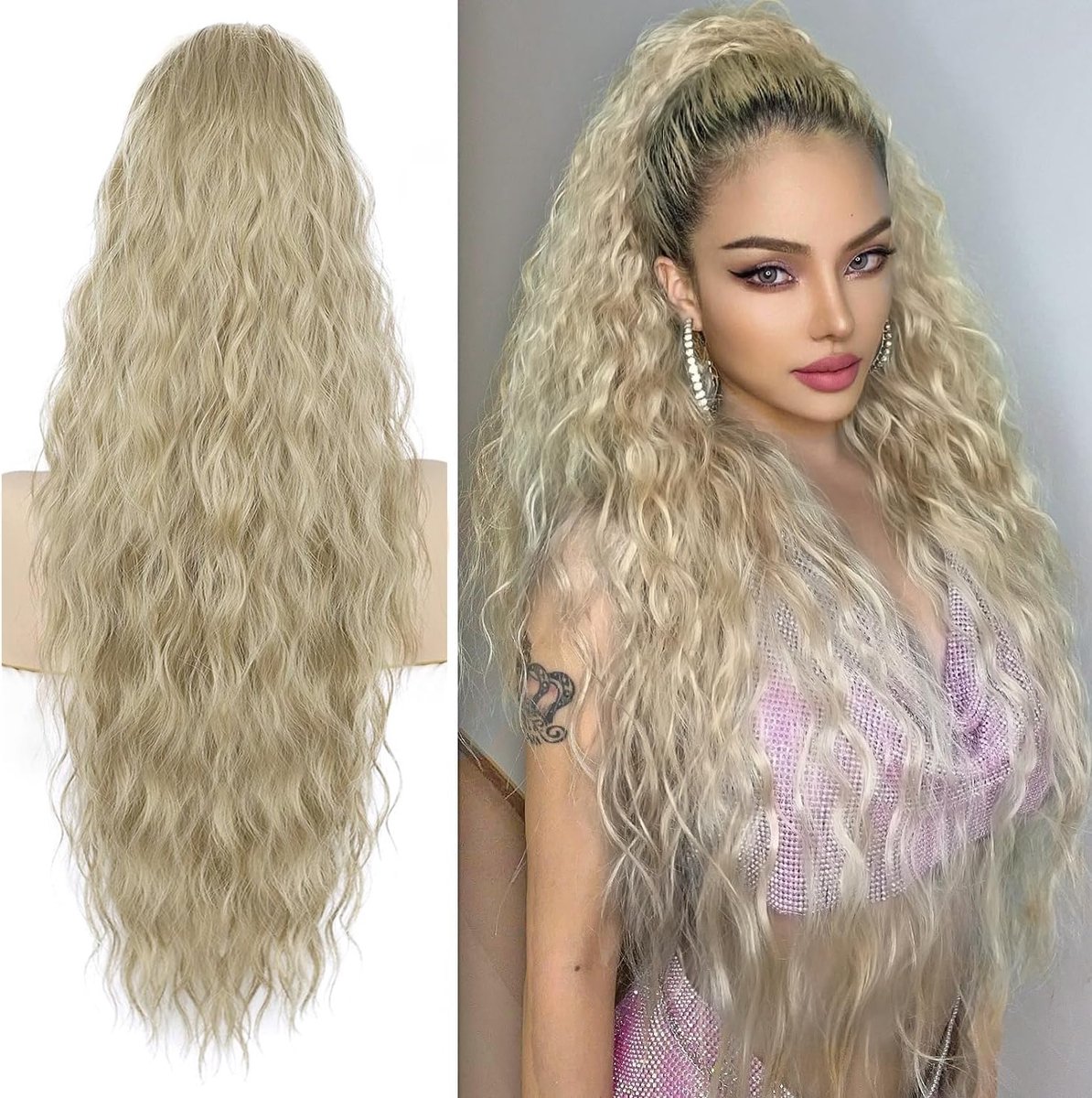 Ponytail Haarstuk Lang 75 cm met Trekkoord, Golvende Krullen, Asblond, Natuurlijke Clip-in Paardenstaart, Haaraccessoire voor Volumineuze Look