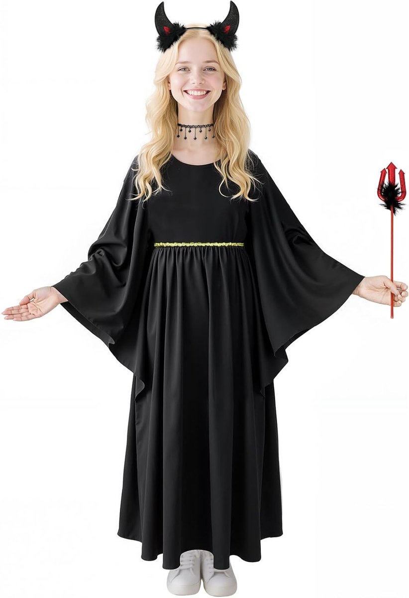 Zwart Halloween Duivelskostuum voor Kinderen met Hoofdband, Drietand, Ketting en Rok voor Carnaval en Cosplay
