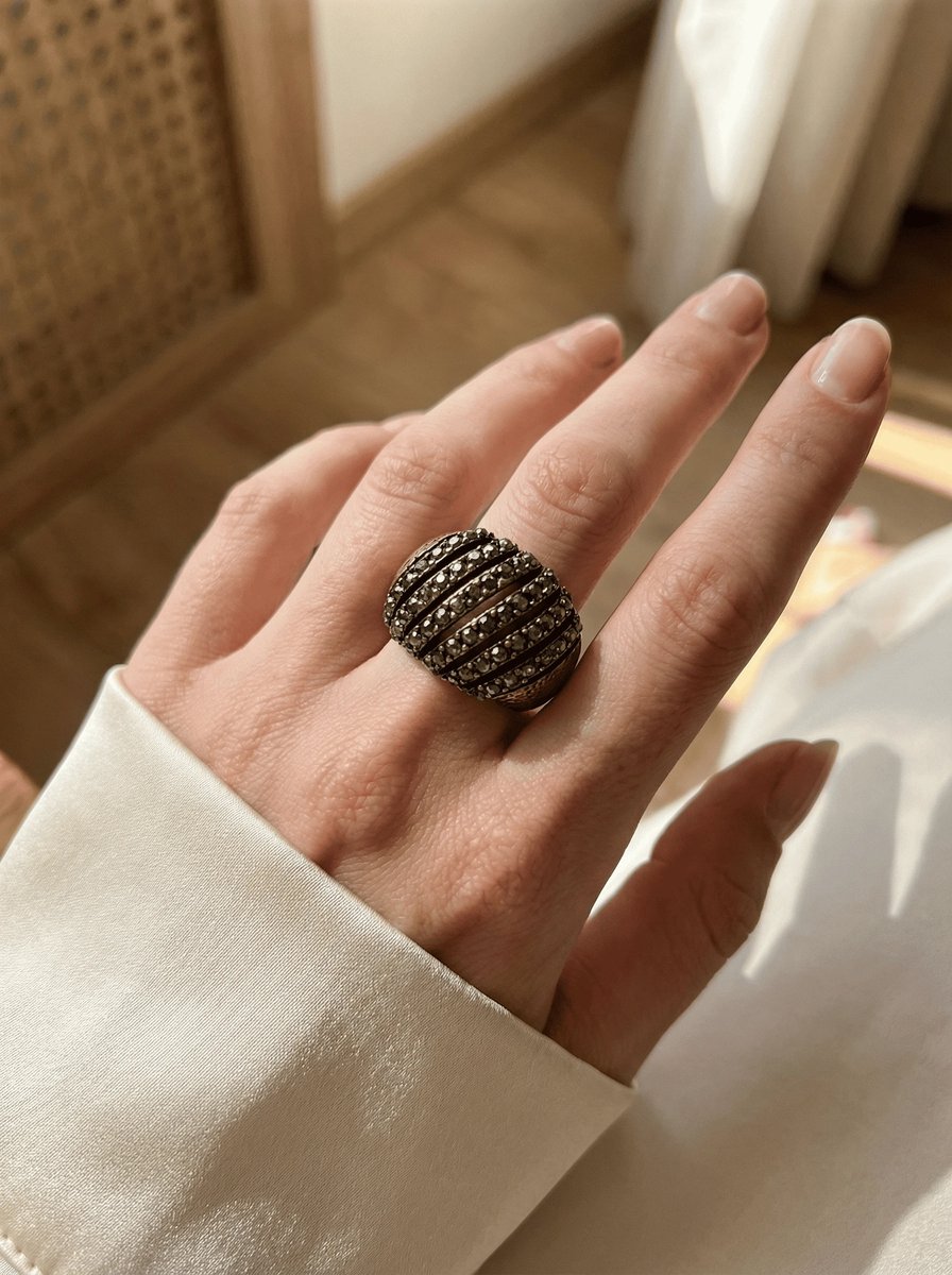 Dorvina Bronzen Sieraad Authentiek Antrasit Kleur Markazit Steen Bombeli Model Verstelbaar Vintage Dames Ring