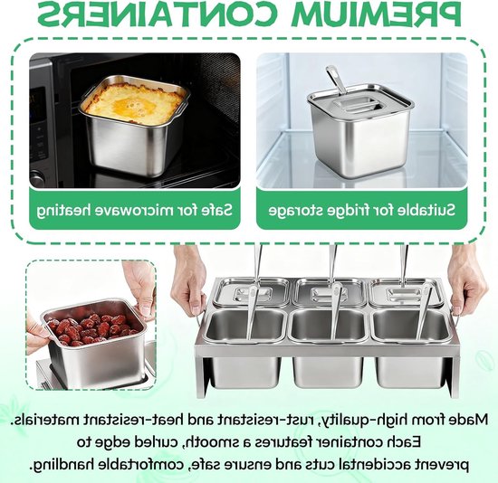 6x2L RVS ingredientencontainers met deksels en lepels, 6-compartimenten pizza toppings station voor ingrediënten en bereidingen, ideaal voor keuken en catering van Merkloos — afbeelding 2