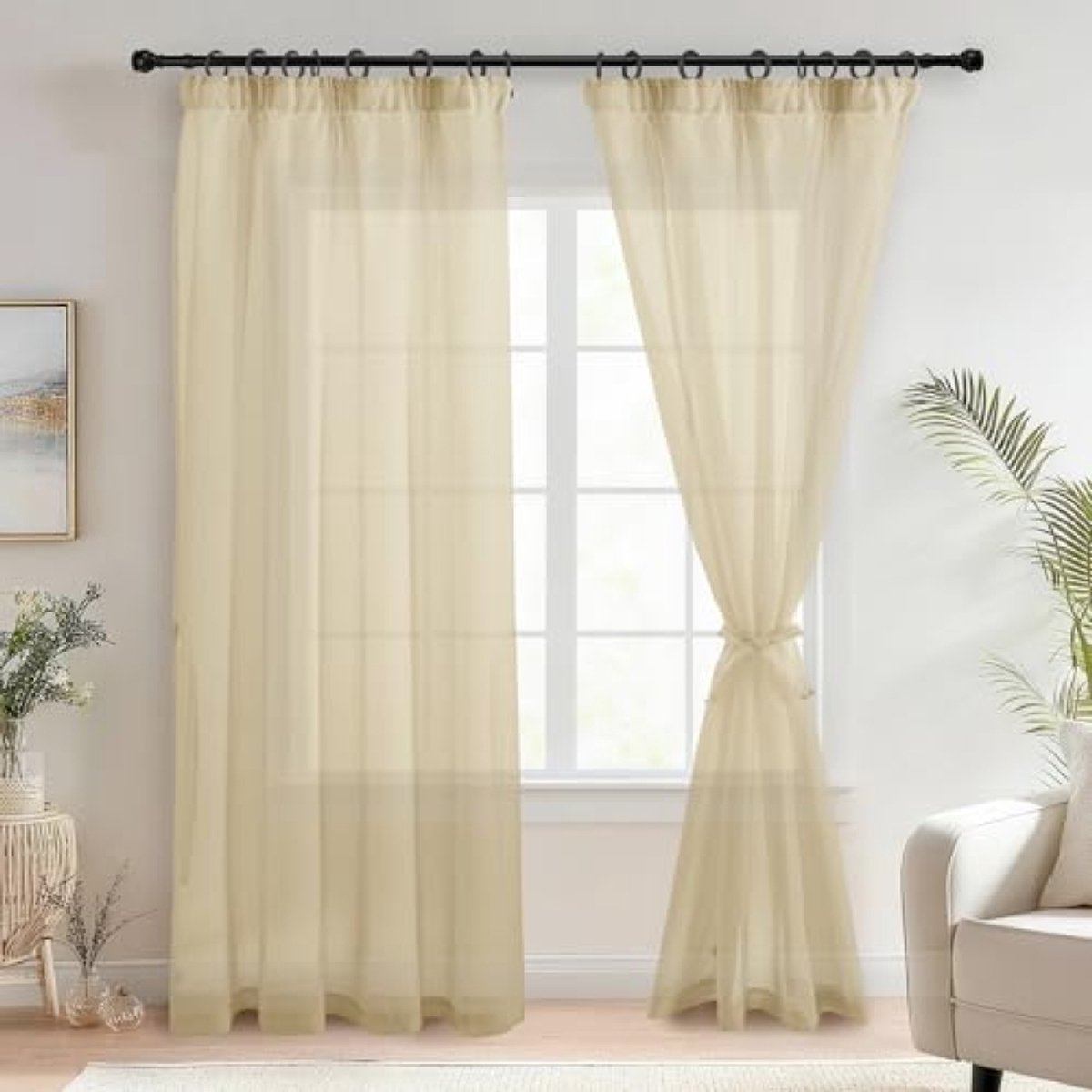 Voile gordijnen met plooiband, linnenlook, 2 stuks, halftransparant, beige, 145 x 140 cm (hoogte x breedte)