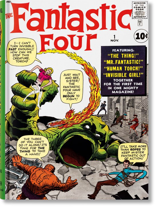 Voorpagina van de Fantastic Four comic 1, met de Fantastic Four die vechten tegen een monster. "The Thing" is 10c.