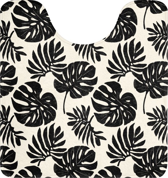WC mat met zwart Monstera patroon op een beige ondergrond.