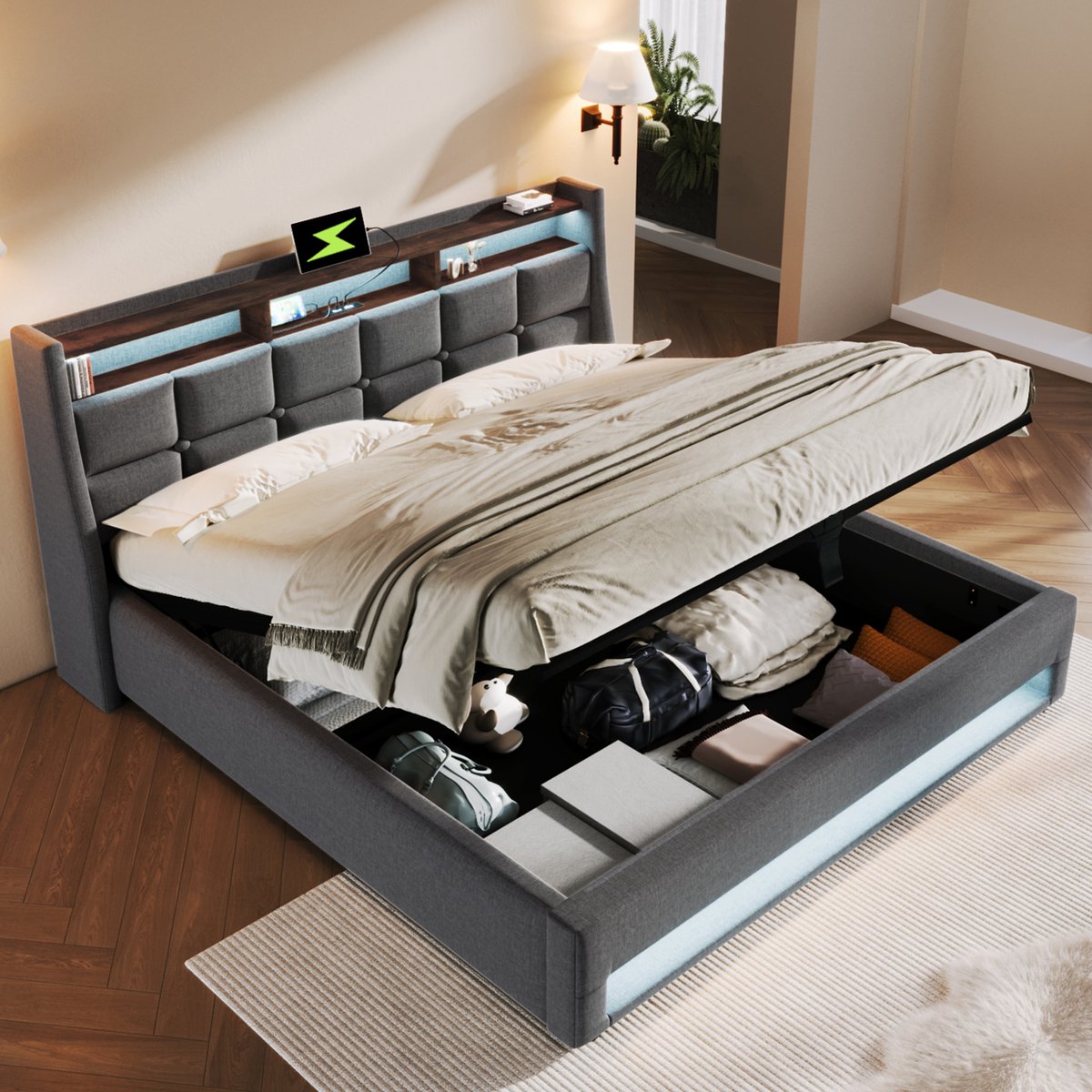 Wishdor Gestoffeerd Bed 140x200 cm – Vintage-Patroon – LED en USB – Gasveer Opbergruimte – Linnen – Grijs