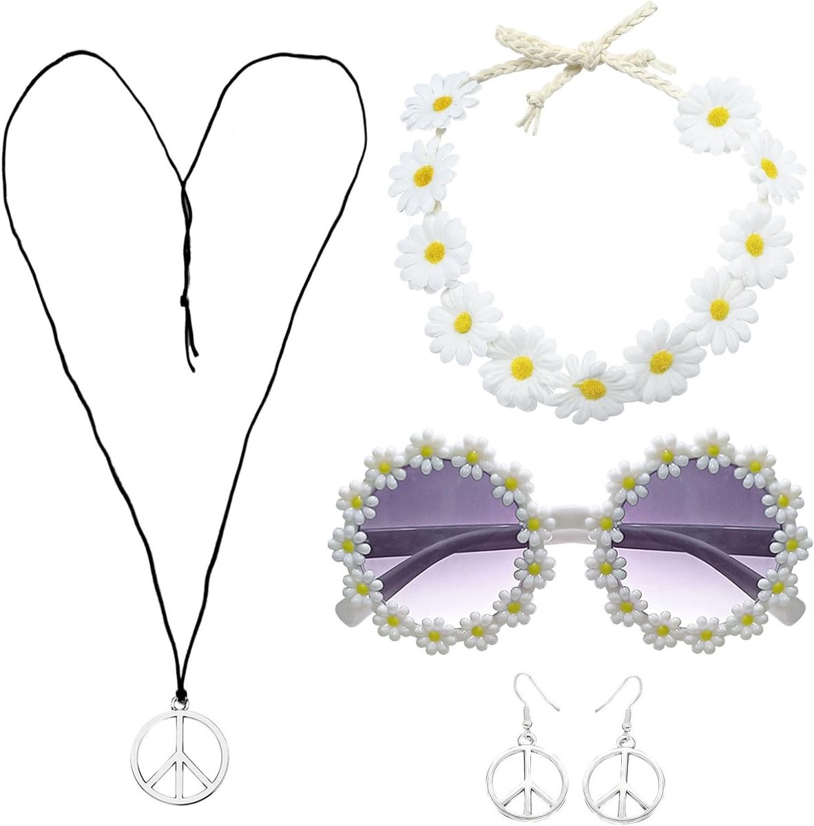 Hippie Kostuum Set van 5 Stukken met Daisy Hoofdband, Vredesteken Ketting en Zonnebril voor Feestjes en Themadagen