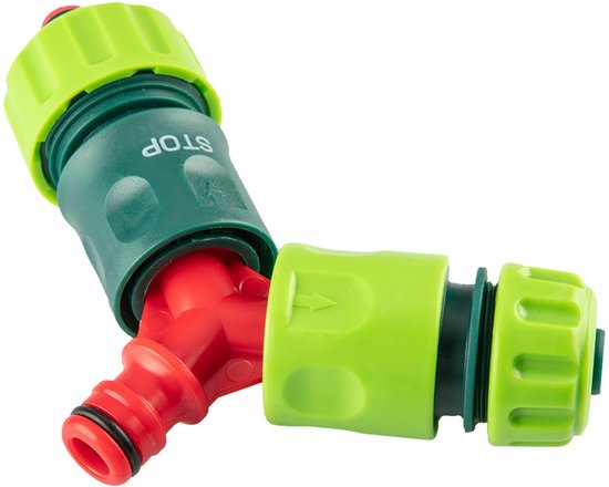 Groen en donkergroen Y-verdeelstuk met rode kern. Één groene kop heeft een pijl, de andere 'STOP'.