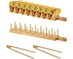 SnelShoppen - Set van 2 Taco Houders - Houten Hot Dog Houders met Handvat - Stabiele Taco Stand voor 8 Tortilla's - Retro Tacos Tablets Inclusief 2 Cl