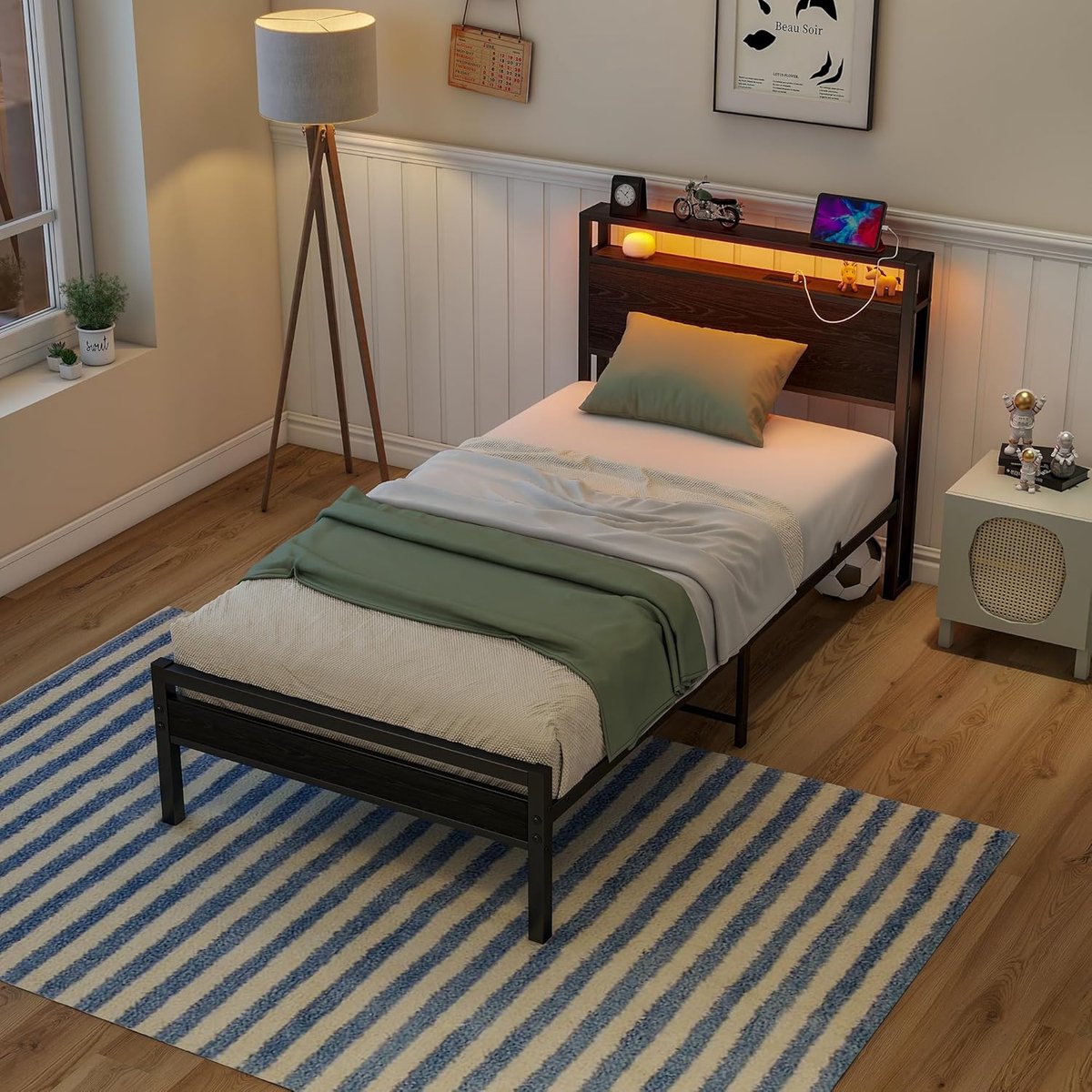 IndustriFlow Metalen Eenpersoonsbed 90 x 200 cm - Smart Bed met LED-Verlichting, USB-C Oplaadstation en Opberg-Hoofdbord