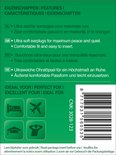 Groene achterkant van de verpakking met tekst over eigenschappen in vier talen. Iconen voor slapen, vliegen, studeren, ontspannen. Streepjescode.
