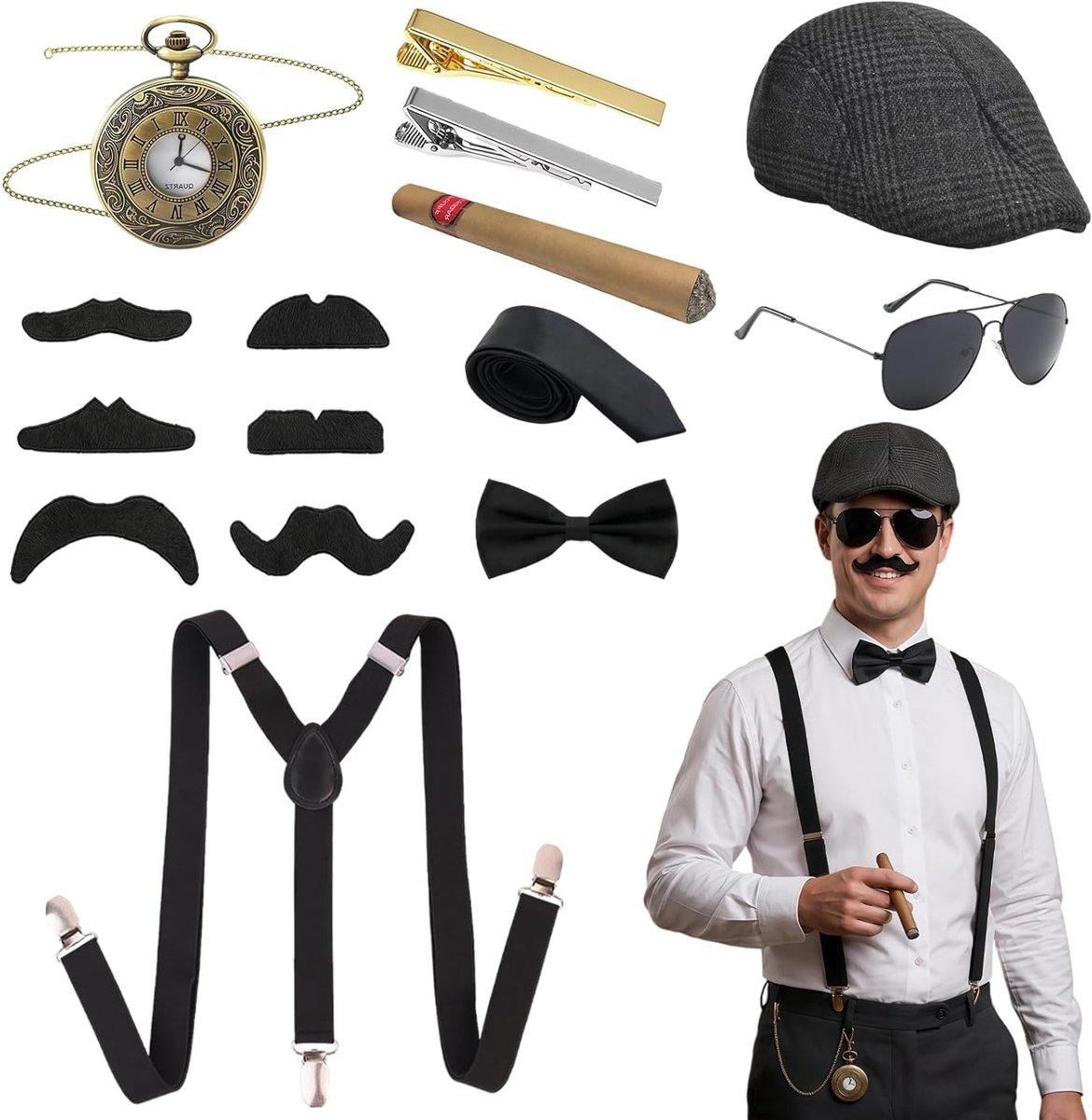 1920s Kostuum Mannen Mafia Gatsby Gangster Accessoires met Panama Hoed, Braces, Zakhorloge, Bril, Strik en Baard voor Carnaval en Halloween