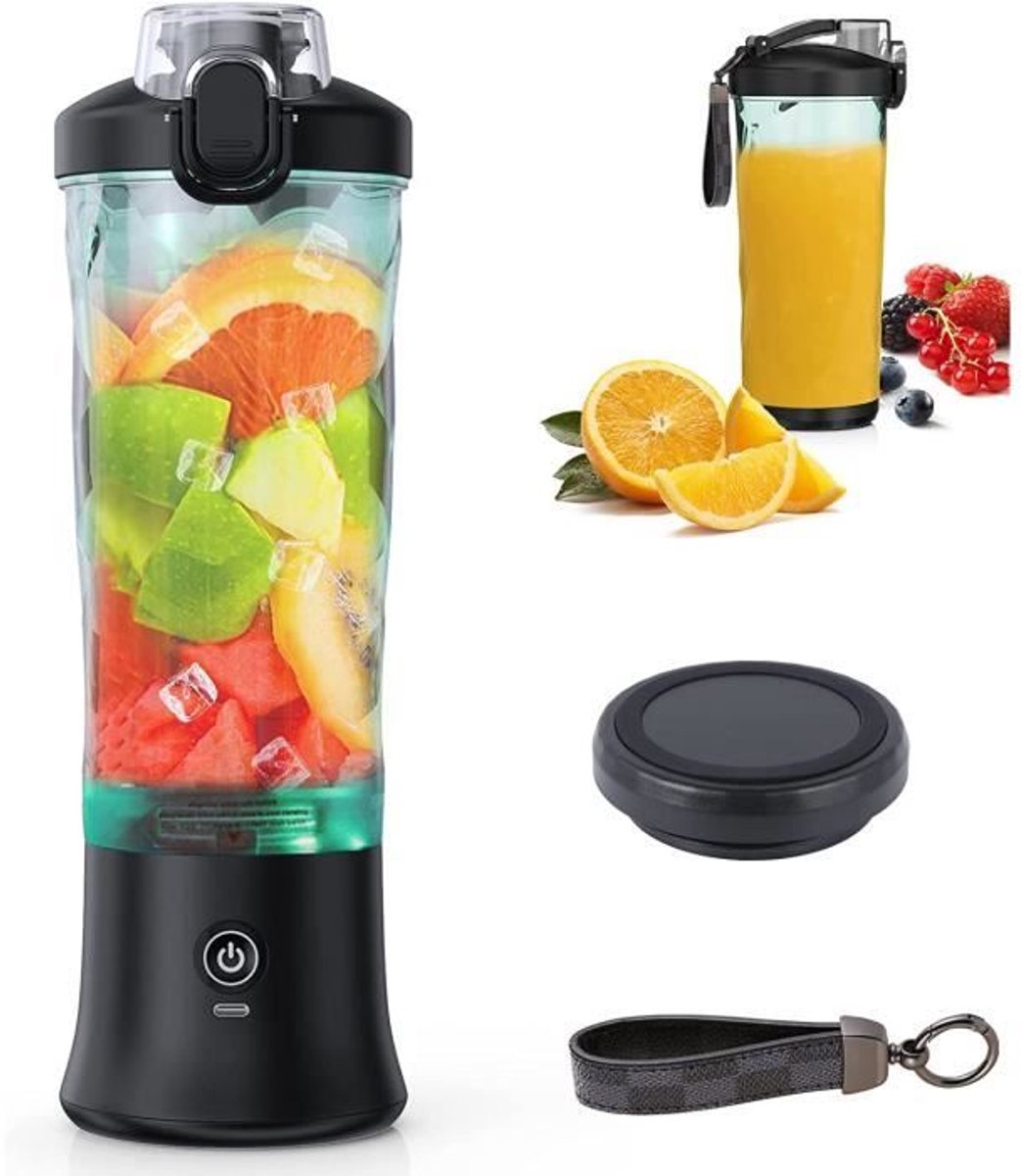 Draagbare blender van 600 ml, ideaal Geschikt voor het maken van smoothies en milkshakes, met een beker Geschikt voor vers sap, Geschikt voorzien van een oplaadbare USB-C-batterij en 6 messen.