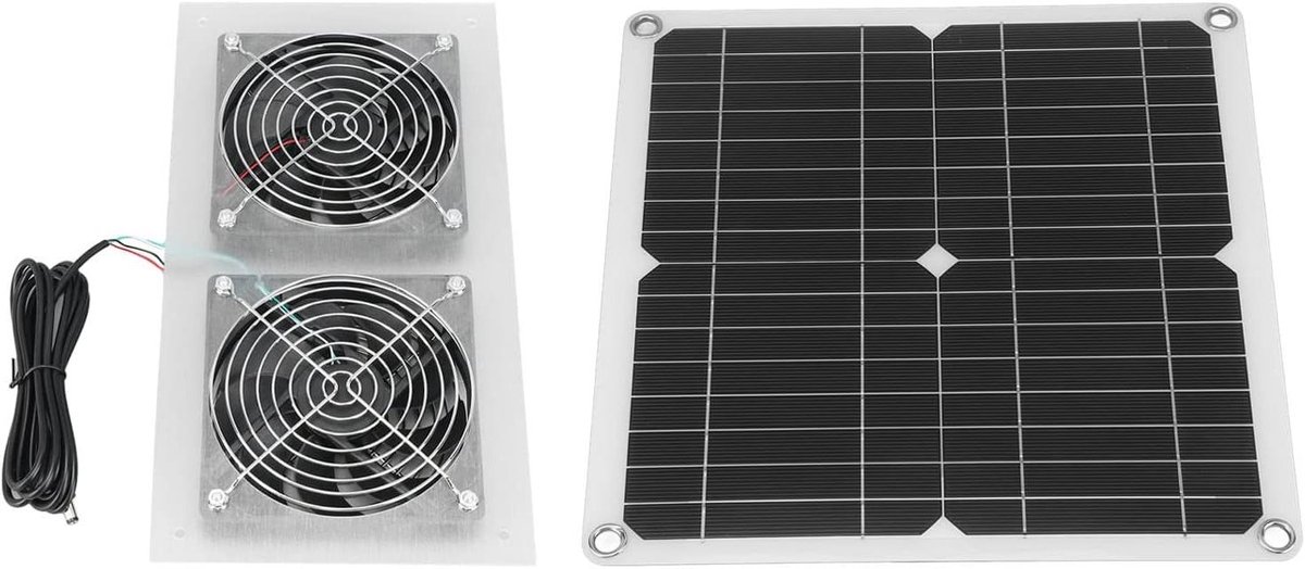 Zonnepaneel Ventilator - Dubbele Ventilatie - Kas Schuur Ventilatie - Geluidsarme Dubbele Fan - 360 x 330 mm - Zwart