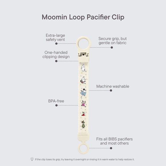 BIBS x Moomins Lus-speenclip - Soepele, veilige bediening met één hand, past op alle BIBS, machinewasbaar, slank profiel voor comfort, leeftijd 0+ - Ivory van BIBS — afbeelding 5