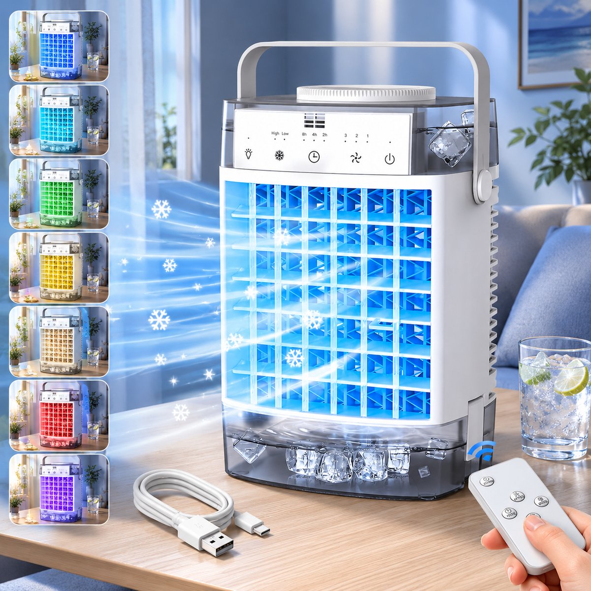 MUPOO Aircooler met Water Zonder Afvoerslang–Mobiele Mini Luchtkoeler 4-in-1 met 1600ml Dubbele Watertank-Koelgordijn- 2 Miststanden-Afstandsbediening-Timer-3 Snelheden& 7 Kleuren Nachtlicht-luchtkoelers voor Slaapkamer,,Woonkamer Camping-Grijs
