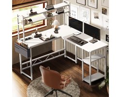 Devoko Gaming Desk with LED 160 x 120 cm, Gaming Corner Desk with 2 Sockets and 2 USB Ports, Computer Desk with Storage Shelves, Steel Structure, White